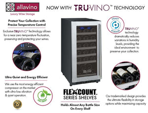Allavino 15" Wide FlexCount II Tru-Vino 30 Bottle Single Zone Stainless Steel Left Hinge Wine Refrigerator AO VSWR30-1SL20